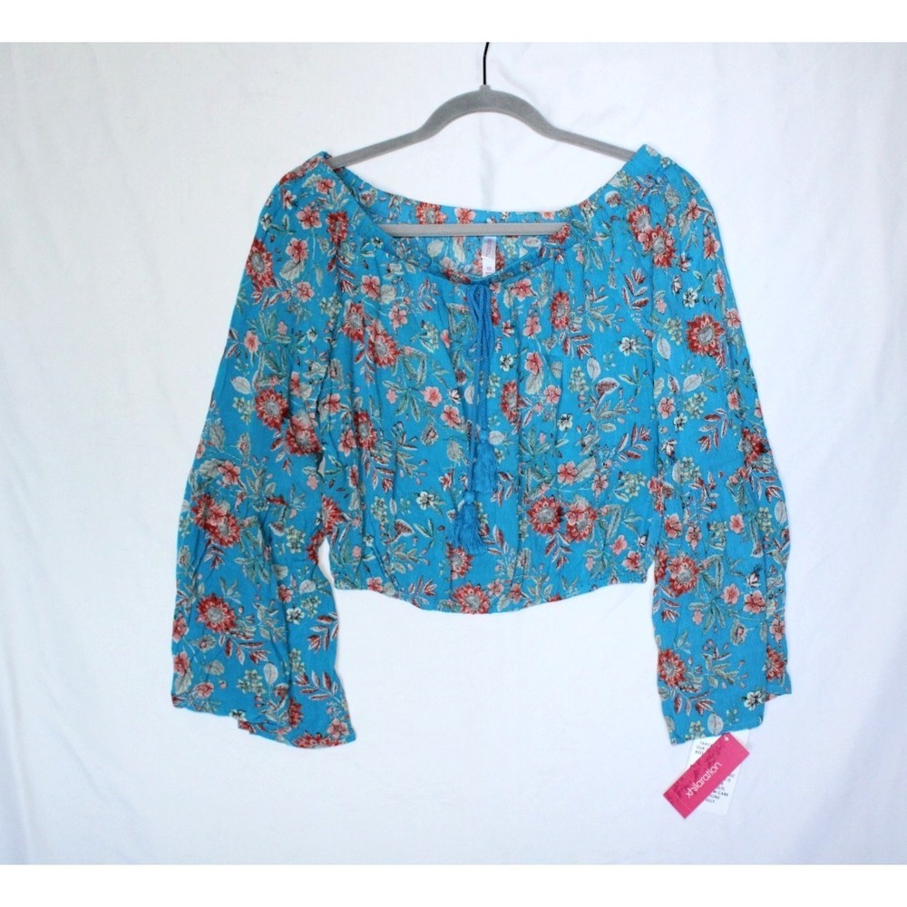 Women's Blue Floral Summer Botanical Bell Sleeve Crop Off Shoulder Top Blouse XS
